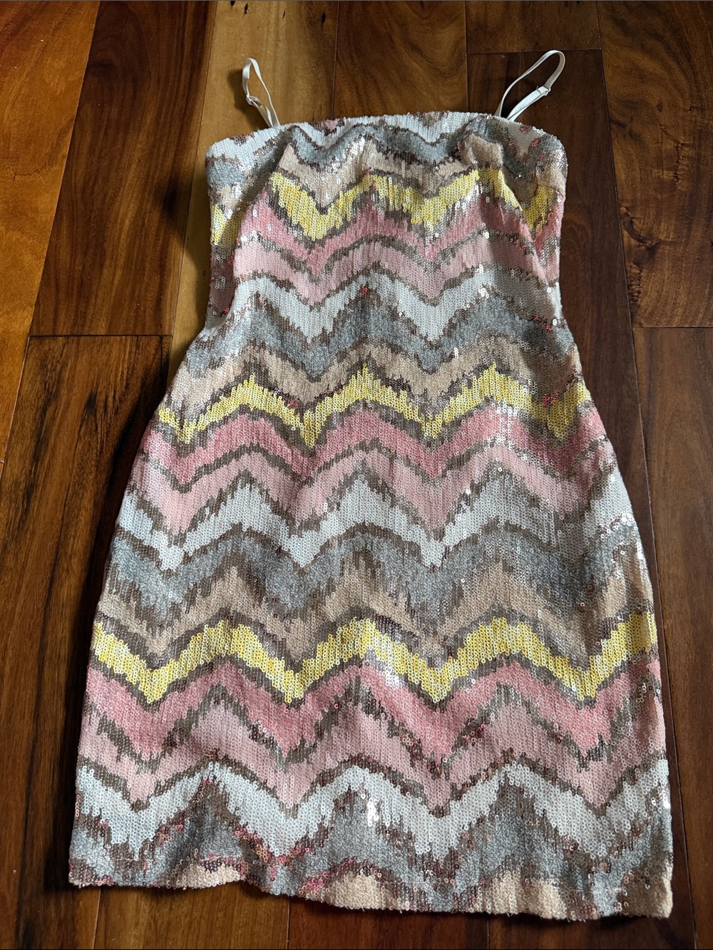 City Studio Sequin Chevron Slip Dress in Pink, Yellow & Cream